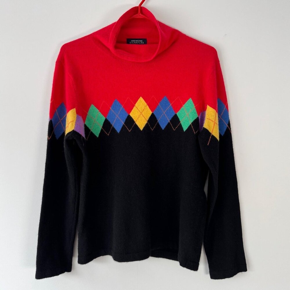 vintage multicolor preppy argyle plaid print merino wool cashmere knit sweater